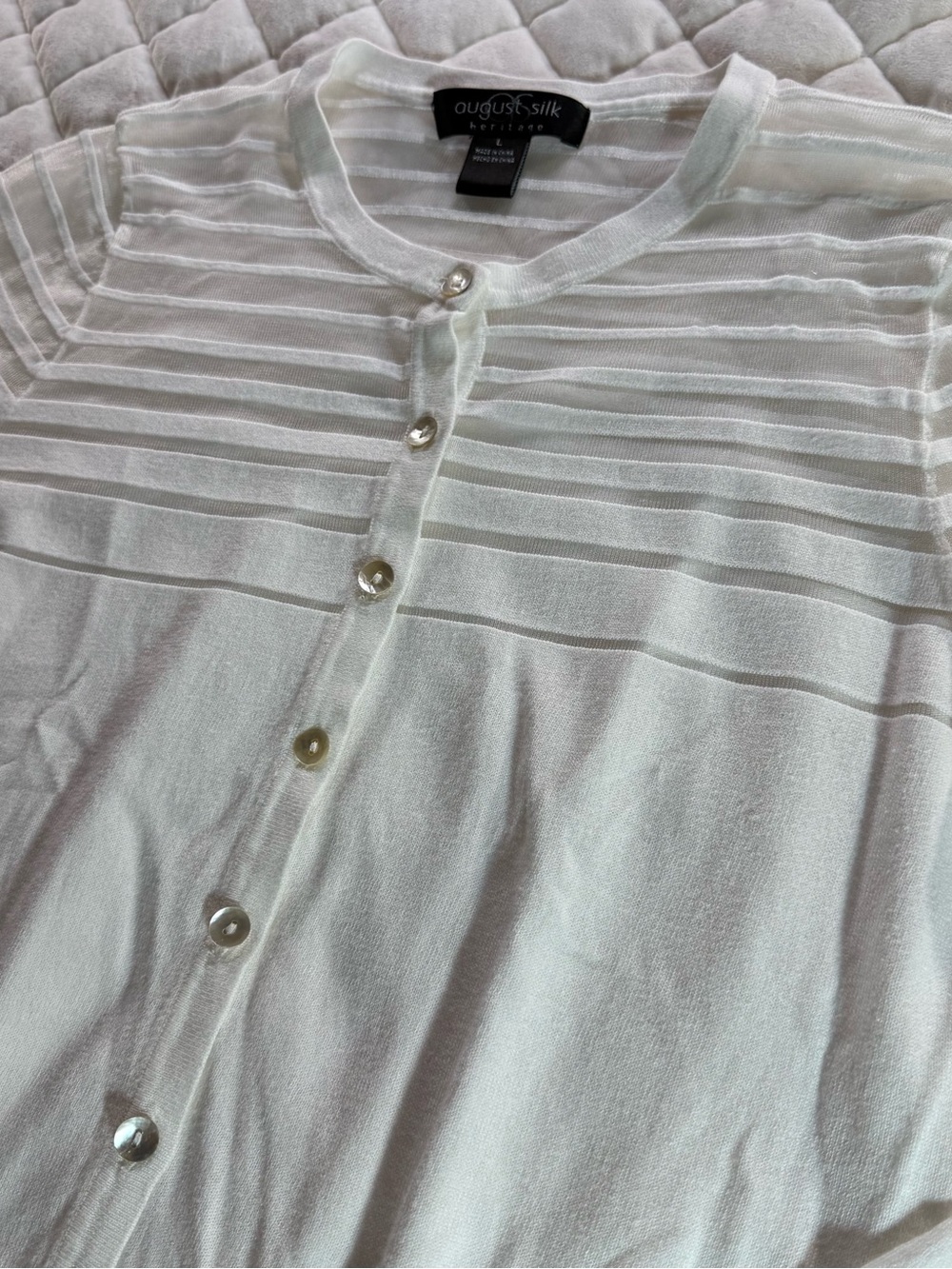 August Silk Heritage White Sheer Illusion Stripe Button Cardigan Sweater Large